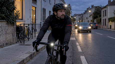 French cyclist using helmet and handlebar lights